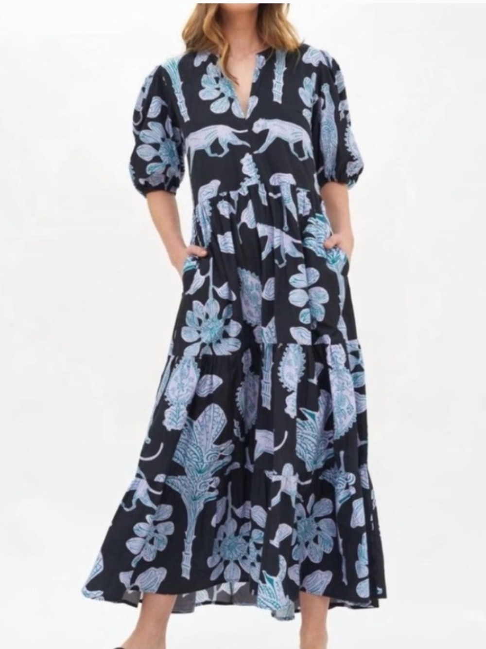 Oliphant Puff Sleeve Maxi Cotton Dress in Lamu Black With Pockets
